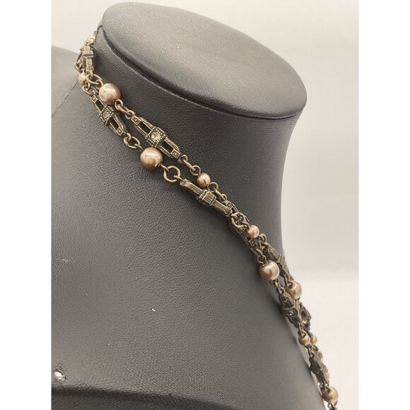 Vintage Faux Pearl Metal Link Necklace Tassel Pendant Elegant Statement Jewelry - Picture 3 of 4